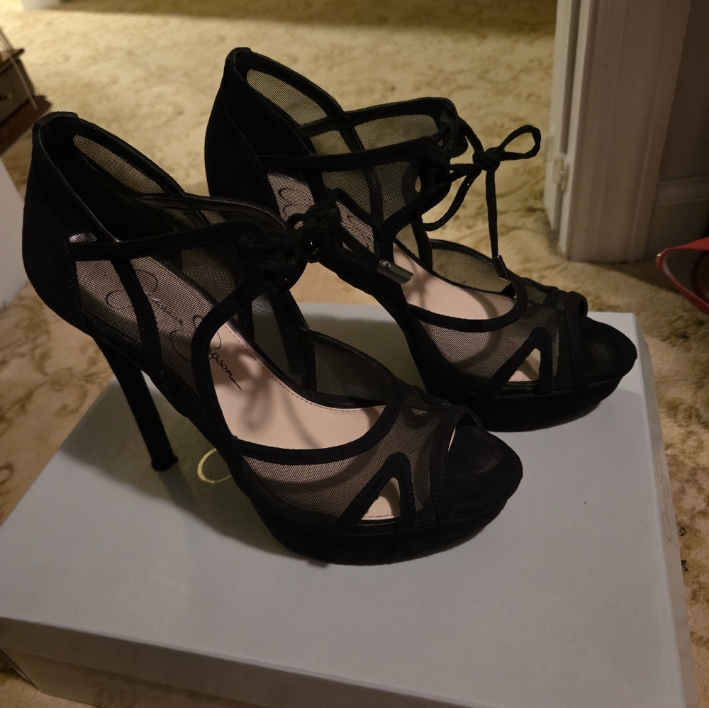 Jessica Simpson Black Mesh and Micro Suede Heels, Size 7